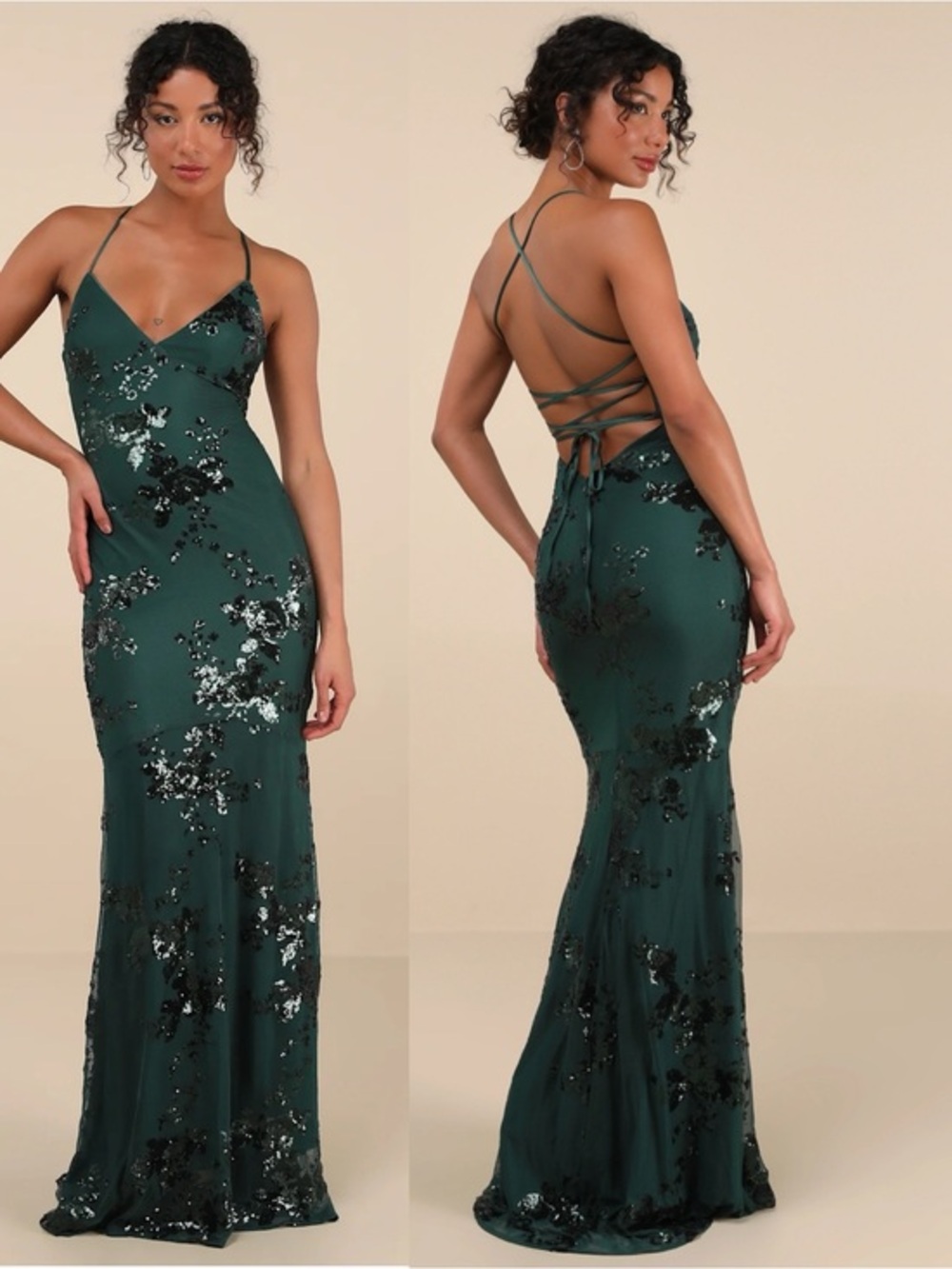 NWT Lulu’s Valhalla Forest Green Sequin Lace-Up Maxi Dress Small Romantic Chic